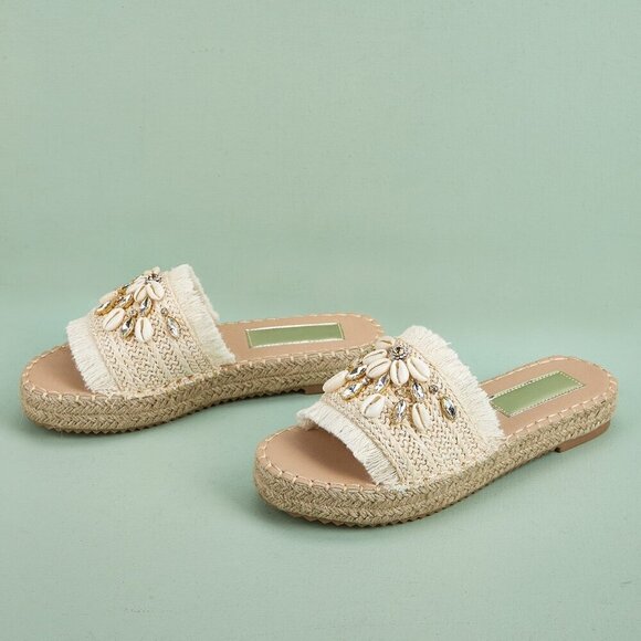 Beige Vacation Women's Rhinestone & Shell Decor Espadrille Sandals - Picture 2 of 4